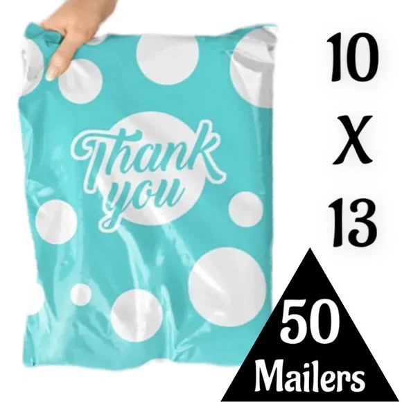 50 10X13 Blue Polka Dot Thank You Poly Mailers, Shipping Envelopes PRICE IS FIRM - Picture 2 of 3